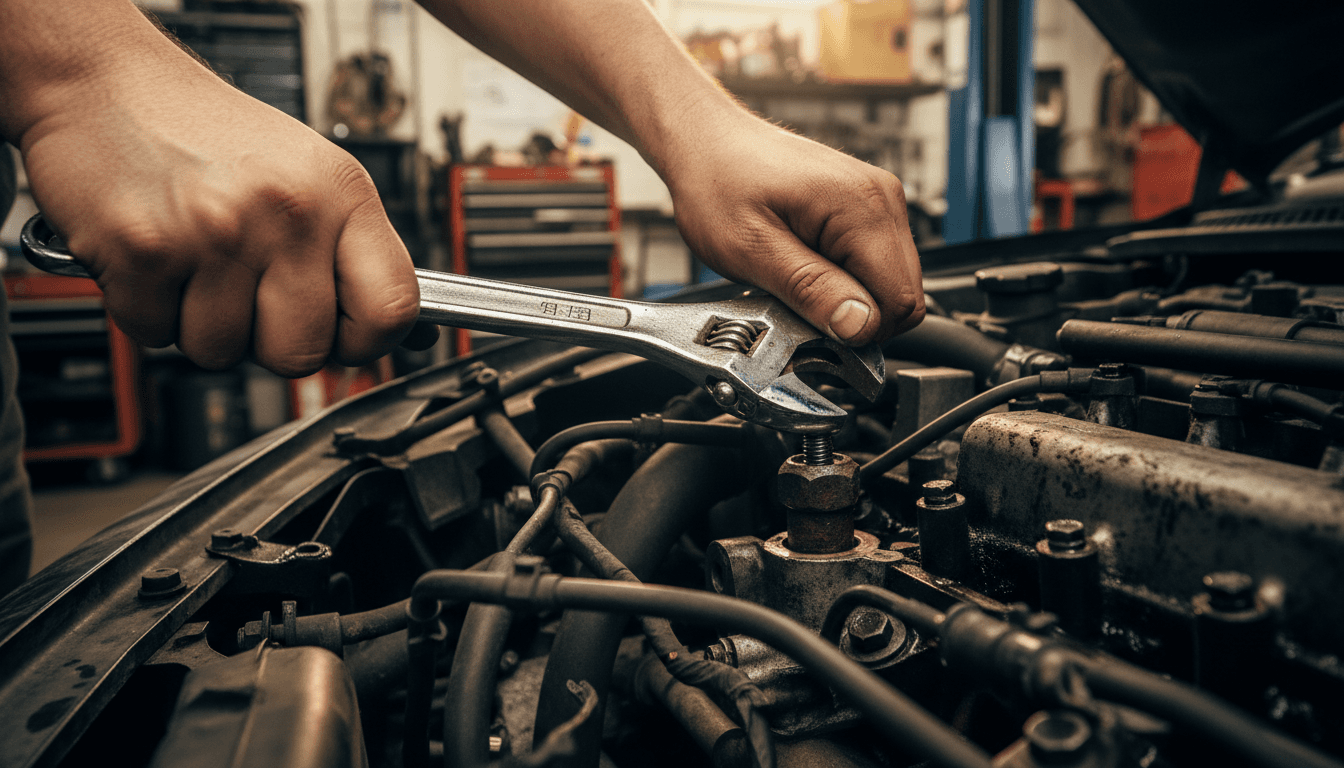 A close-up shot of a mechanic's hands holding a wrench, turning a bolt on a car engine in a garage.