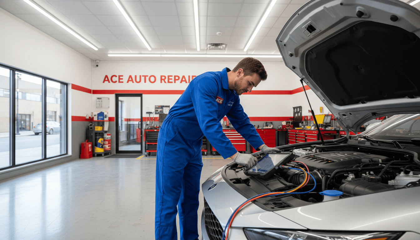 A vehicle on a lift with suspension components visible and a technician working on the undercarriage area